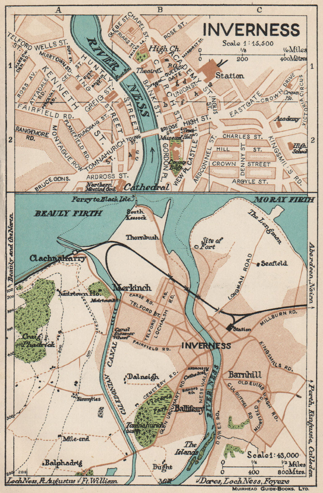 INVERNESS. Vintage town city map plan. Scotland 1932 old vintage chart